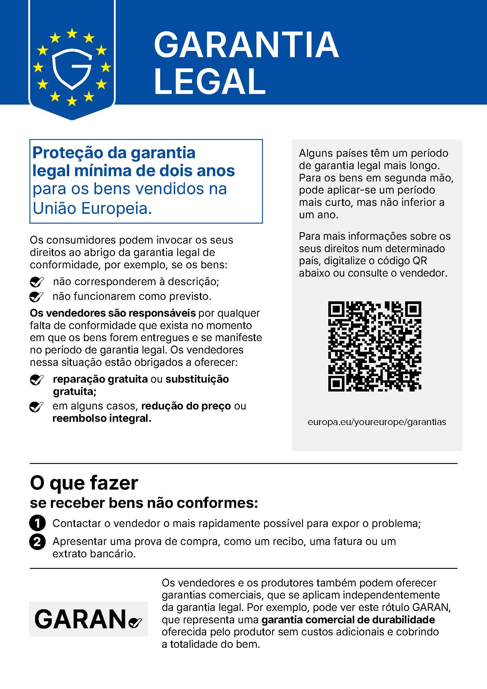 Aviso harmonizado da União Europeia sobre a garantia legal